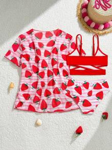 Conjunto de ropa de baño para niña que incluye: Cárdigan de manga corta, Camisola de unicolor y Traje de baño triangular con estampado floral - Multicolor - Ver 2