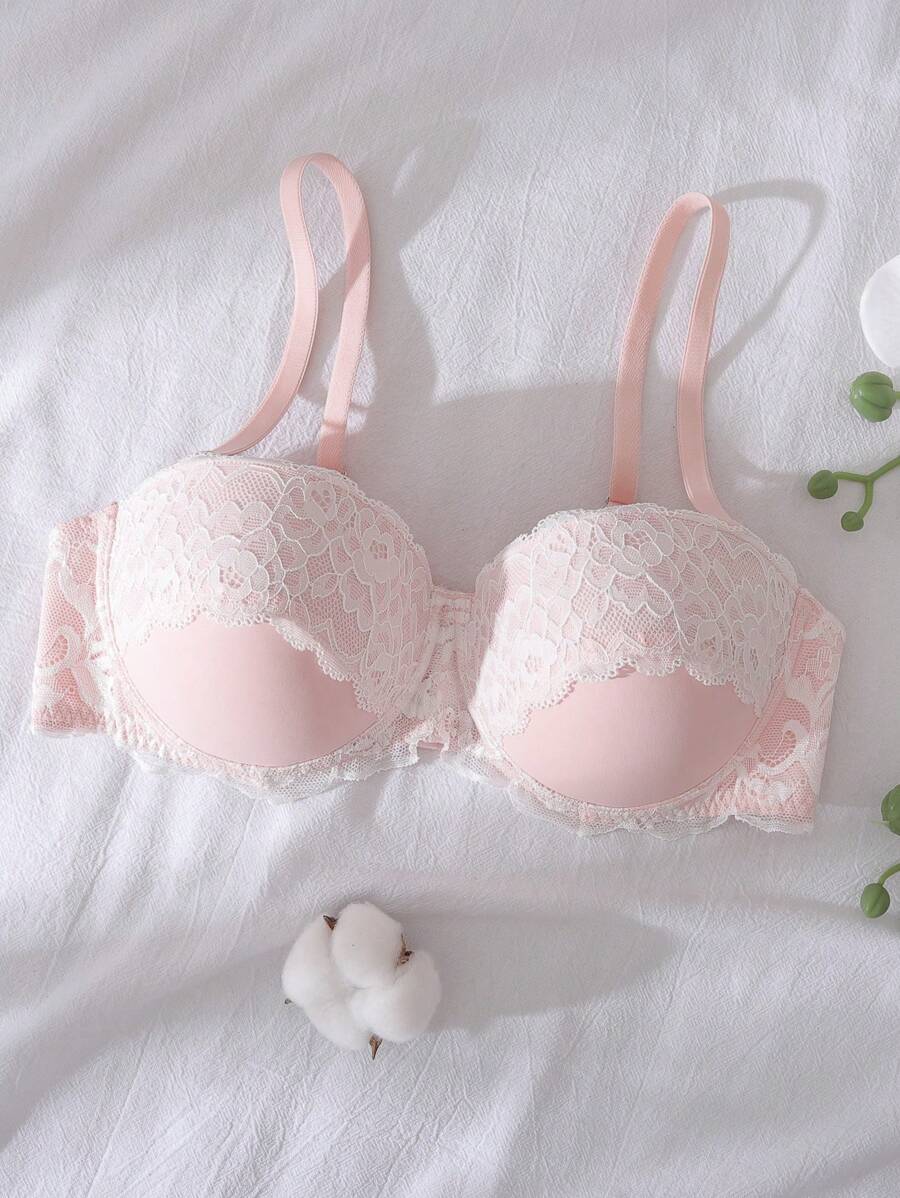 DelicateAllure Floral Lace Push-Up Balconette Underwired 1/2 Cup Strapless Lingerie Bra, Pink & White, Suitable For Holiday & Party, Kawaii - Pink - View 1