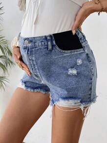 SHEIN Maternity Casual Washed Blue Asymmetrical Distressed Denim Shorts - Medium Wash - View 1