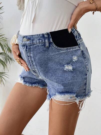 SHEIN Maternity Casual Washed Blue Asymmetrical Distressed Denim Shorts