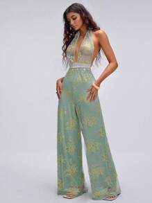 SHEIN Unity 蕾丝花卉刺绣吊带性感露背连体裤 - 綠色 - 查看 1