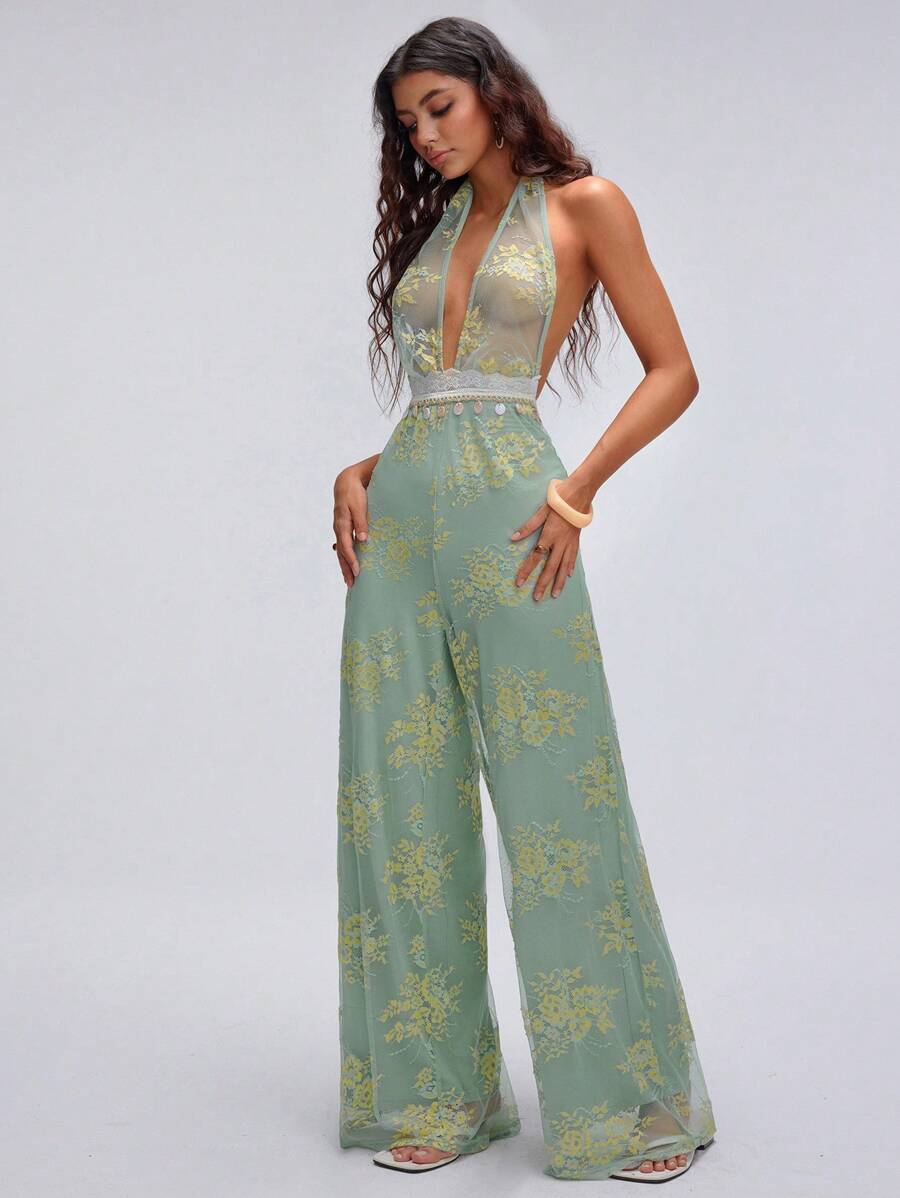 SHEIN Unity 蕾丝花卉刺绣吊带性感露背连体裤 - 綠色 - 查看 1