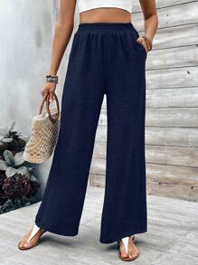 SHEIN Unity Celana Panjang Lurus Longgar Pinggang Tinggi, Pakaian Kasual Liburan Warna Polos untuk Wanita - Navy Blue - View 3