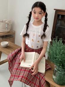 DAZY 2pcs Girls Crew Neck Printed Short Sleeve T-Shirt + Plaid Skirt Set, Summer - White - View 6