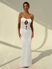 Aloruh 女士度假性感露肩镂空系带腰部修身露背美人鱼连衣裙 - 白色 - 查看 6