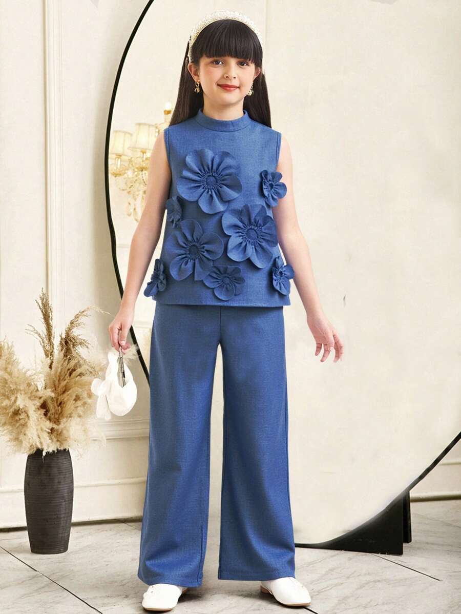 SHEIN 2件套青少年女孩休闲优雅立领无袖碎花上衣和裤子套装 - 紫色 - 查看 1