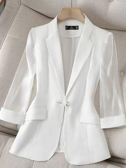 Franclia Blazer informal de chifón blanco de 3/4 de manga, chaqueta elegante