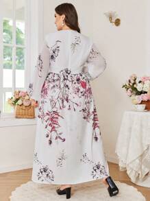 Modelyn Women Plus Size Floral Print V-Neck Lantern Sleeve Elegant Dress - Multicolor - View 2