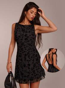 SHEIN Forever 21 Women's Black Mini Dress: Sleeveless Knitted Fabric With Floral Print And Round Neckline, Flared Hem - Black - View 8