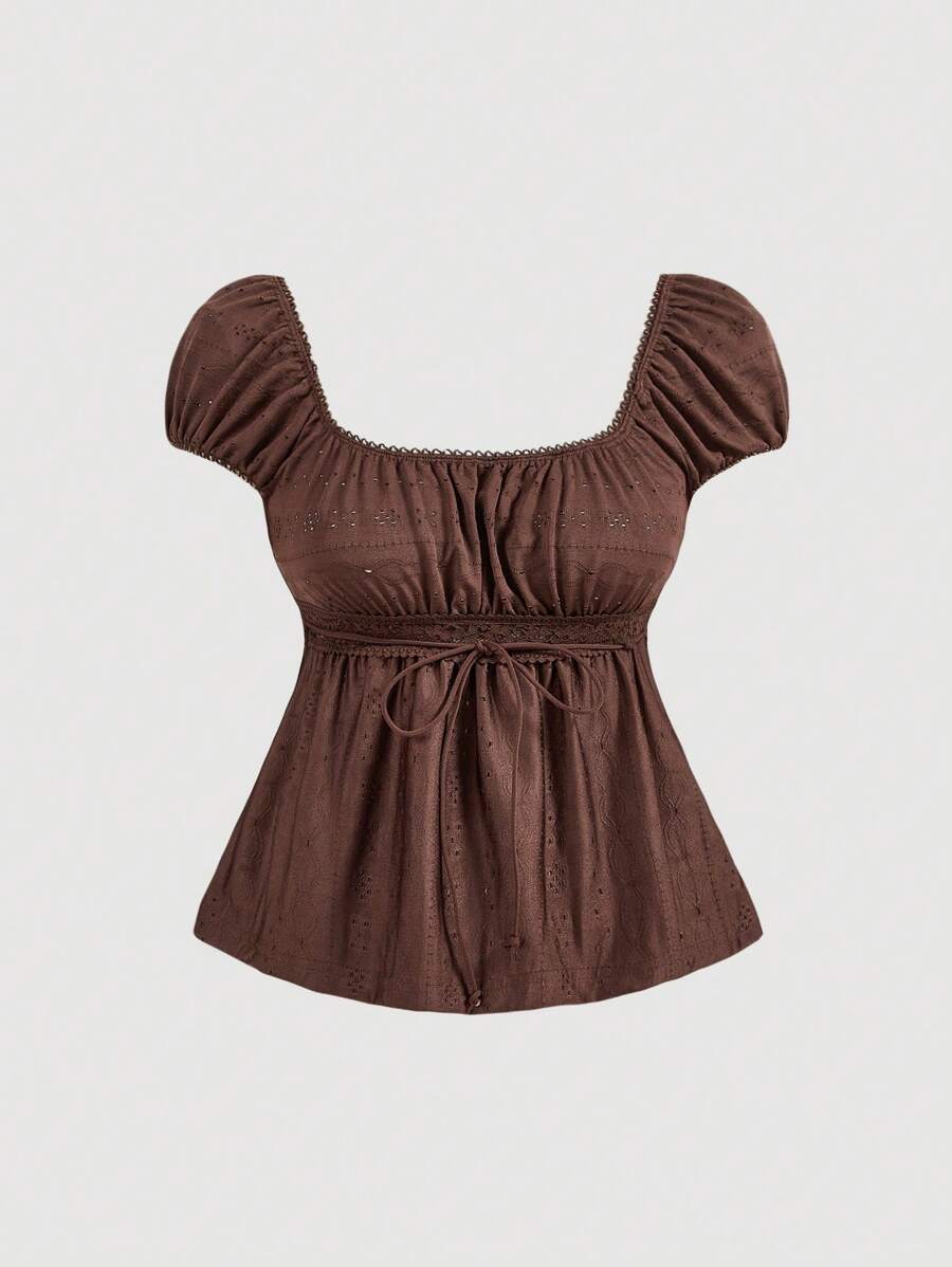 SHEIN MOD Gathered Sleeve Brown Textured Ruched Bust Waist T-Shirt - Brown - View 1