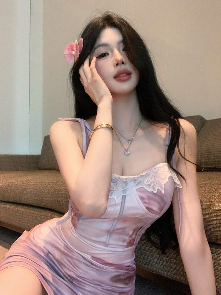 Summer Hollow Lace Bodycon Sexy Beach Vacation Floral Print Spaghetti Strap Tie-Dye Mini Dress For Women Cocktail Dress