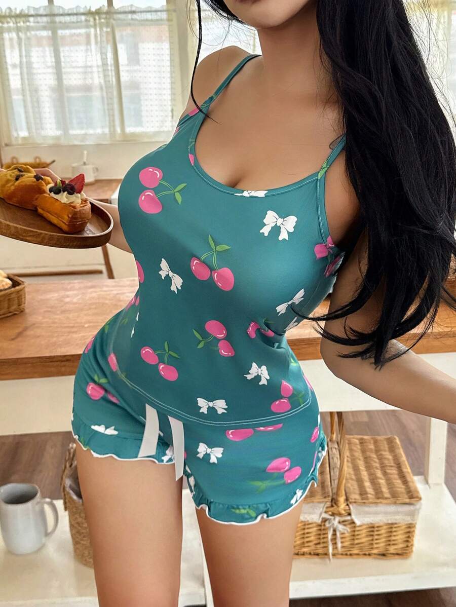 Cherry Print Camisole And Shorts Pajama Set For Women - Multicolor - View 1