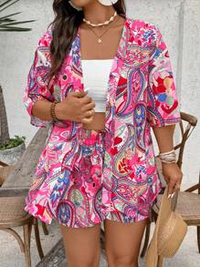 SHEIN VCAY Bộ 2 món áo sơ mi và quần short in họa tiết mùa hè cỡ lớn cho nữ, trang phục kimono ngắn giản dị cho khu nghỉ dưỡng bãi biển, trang phục tiệc hồ bơi Coconut Girl mùa hè Boho Chic phong cách Boho cho nữ trang phục ăn trưa cho nữ trang phục sân bay cho nữ trang phục kỳ nghỉ trên bãi biển trang phục nghỉ ngơi trong thành phố trang phục ngày lễ trang phục phương Tây cho nữ trang phục phương Tây cho nữ cộng với trang phục kỳ nghỉ mùa hè châu Âu trên đảo trang phục tuần trăng mật phụ nữ tiền già - Màu Hồng Tươi - Xem 5