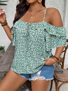 SHEIN VCAY Blusa de hombros descubiertos con volantes y estampado floral diminuto para mujer talla grande para vacaciones - Multicolor - Ver 5
