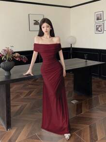 Modelyn Women's Off Shoulder Gathered Waist Ruffle Hem Elegant Long Dress, Suitable For Wedding, Date Occasions