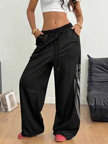 Coolane Women Summer Streetwear College Students Game Day Preppy Athleisure Casual Athleisure Graphics Wide Leg Sweatpants - Black - View 6