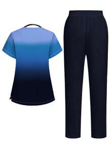 PopScrub Conjunto de uniformes de enfermera con escote en V y manga corta degradado, para verano - Azul - Ver 2