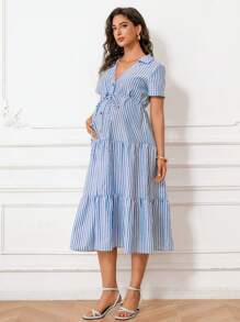 MaterniWear Đầm sọc xanh cổ áo sơ mi bà bầu có nút trang trí - Xanh và trắng - Xem 3