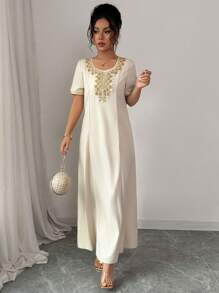 SHEIN Clasi Robe d'été pour femmes avec col rond, garniture en dentelle florale dorée - Nude - Voir 6