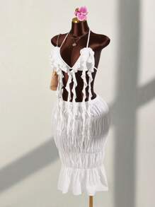 Amplova Ruffle Trim Strap Decor Triangle Bra & Ruched Maxi Skirt 2 Pieces Set - White - View 7