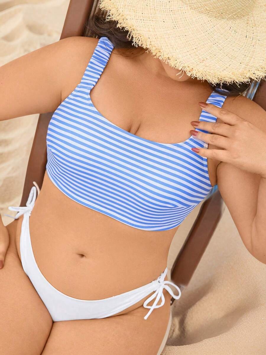 Swim Mod Plus Size Women Summer Beach Striped Wireless Bikini Top - Blue and White - View 1