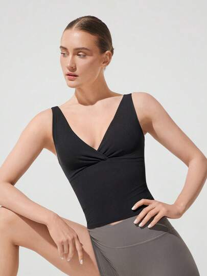 GLOWMODE FeatherFit™ Studio Glow V-Neck Removable Cups Crop Tank Top Sports Bra Low-Impact Yoga Pilates Barre Studio Daily Casual Wear Fall Winter