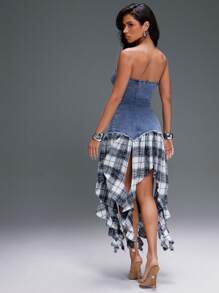 Denimoi Strapless Washed Denim Dress With Acid Wash Plaid Trim - Multicolor - View 2