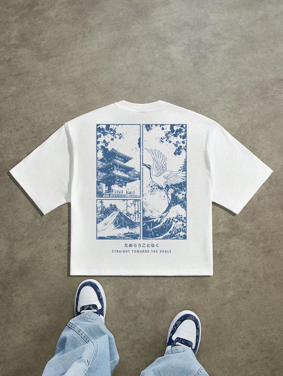Manfinity Roghcode Street Style Original Blue Japanese Crane & Ukiyo-E Landscape Print Cropped T-Shirt Men's Cropped Tops Graphic Tees Streetwear, Men's Cropped Graphic Shirts, Boxy Tee Men Graphic, Men Oversized Crop Printed - White - View 1