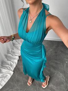 Modelyn Đầm suông màu trơn cổ yếm, eo nhún, viền bèo cho nữ - Màu xanh lam - Xem 2