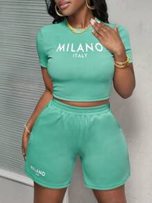 Slaydiva Nieuwe casual en eenvoudige basis lente en zomer ronde hals korte mouwen milano cropped t-shirt + kwart broek joggingbroek blauwe textuur stof dames tweedelige set-A