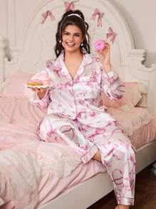 Slumberry CURVE Plus Size Women Bow Sweet Top & Pants Sleepwear Pajama Set, Fall Winter Clothes, Cozy Outfit - Multicolor - View 6