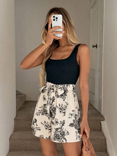 Easowa Square Neck Sleeveless Belted Bow A-Line Jumpsuit, Dual Fabric Color Block Vintage Floral Print Casual Vacation Elegant Women's Romper Going Out Tops Business Casual Women Old Money Style Women