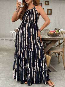 SHEIN VCAY Plus Size Women Black Tie Dye Long Dress,Backless Waist Tied A-Line Hem Summer Boho Flowy Sundress,Vacation Holiday Music Festival Beach Outfits - Black - View 4
