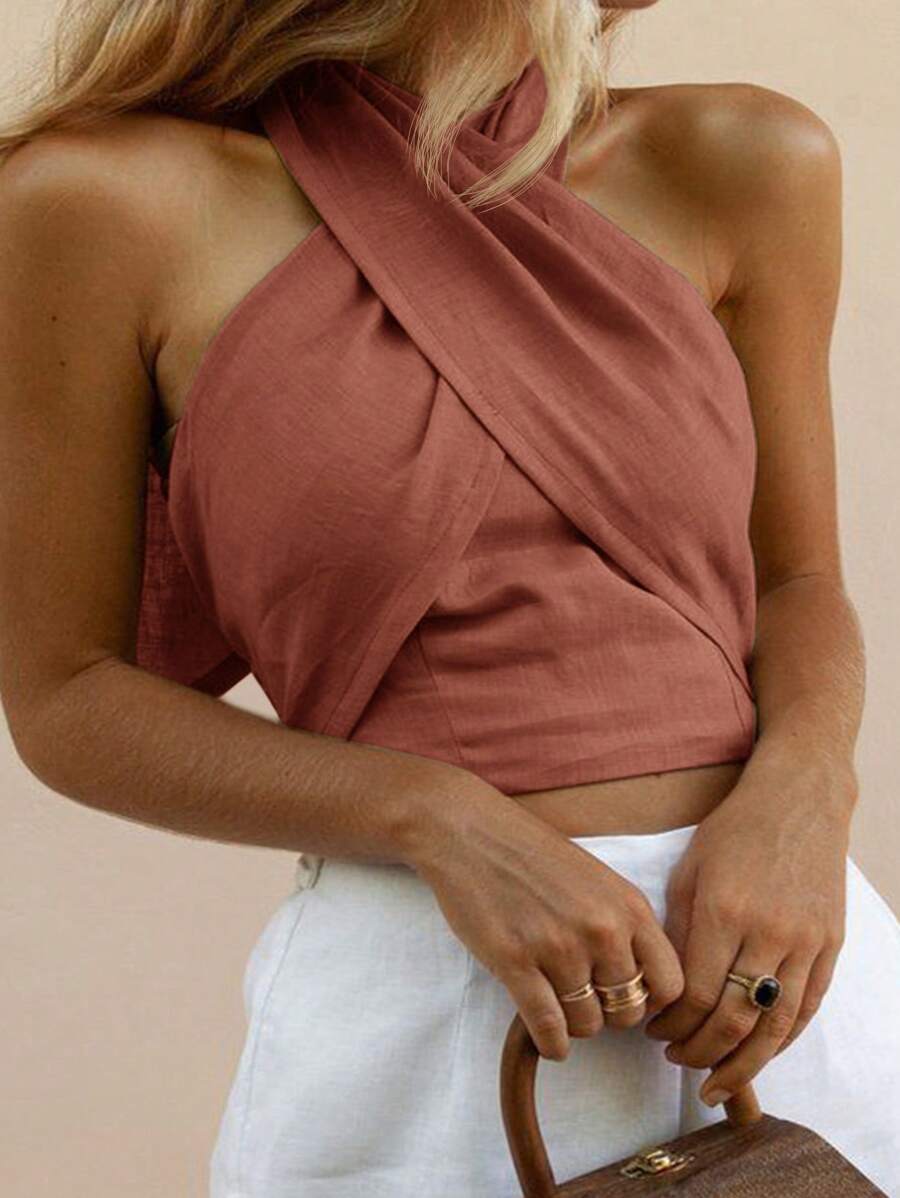 SHEIN VCAY 大码女式夏季休闲纯色交叉吊带上衣 - 鏽棕色 - 查看 1