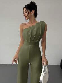 Firerie 情人节新款优雅简约通勤白色连体裤，3D结构褶皱设计，无袖收腰，修身版型 - 軍綠色 - 查看 8