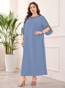Lacomfia Elegant Embroidered Decor Plus Size Dress - Blue - View 5