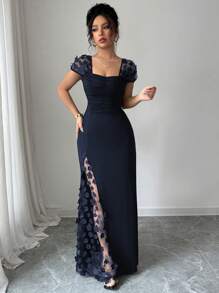 Elenzga Spring/Summer Holiday Party Banquet Net Embroidered Fitted Dress - Navy Blue - View 3