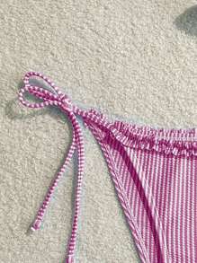 SHEIN Swim Women's Summer Beach Striped Ruffled Pink Bikini Bottom - Purple - View 4