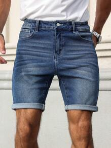 Manfinity Homme Shorts en jean casual à poches et revers pour hommes, polyvalent