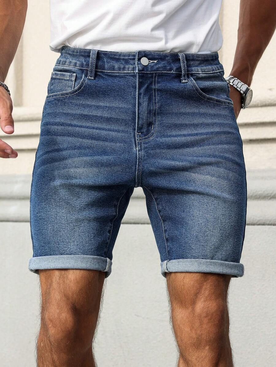 Manfinity Homme Shorts en jean casual à poches et revers pour hommes, polyvalent