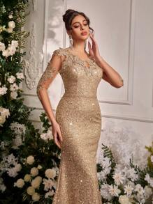 Glamrae 优雅撞色网纱贴花长袖V领高腰鱼尾正式晚礼服、派对礼服、婚礼宾客礼服、情人节礼服 - 香檳色 - 查看 7