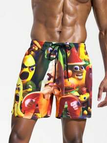 Manfinity Swimmode Men's Cartoon Print Drawstring Waist Pockets Casual Beach Shorts Men Swim Trunks Casual Outdoor Beach Shorts - Multicolor - View 4