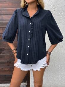 EMERY ROSE Women's Simple Solid Color Button Collar Ruffle Button Up Blouse