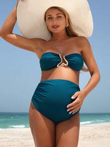 SHEIN Pregnant Women Metal Decor Sexy Bandeau Bikini Set, Summer Beach - Teal Blue - View 3
