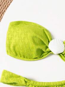 Swim Vcay 2 Pcs/Set New Textured Solid Color Bandeau + Shell Accessory Sexy Elegant Vacation Bikini Swimwear For Ladies, Beach Pool Party - Green - View 6