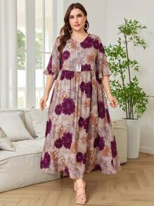 Lacomfia Vestido maxi estilo árabe de línea A con estampado floral para mujer de talla grande