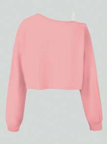 SHEIN Wildeya Tween Girls' Fashionable Asymmetrical Shoulder Long Sleeve Pink T-Shirt, Casual Street Wear