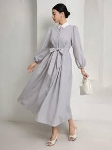 Heiryn Đầm midi tay dài cài nút thời trang nữ - Màu Xám nhạt - Xem 2