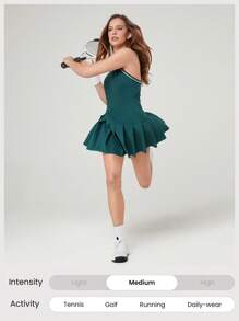 GLOWMODE Quick-Dry Tennis Built-In Cups Now Serving Racerback Pleated Peekaboo Dress Medium Impact With Built-In Shorts Side Pockets Low Impact Running Training Workout Gym - Dark Green - View 7