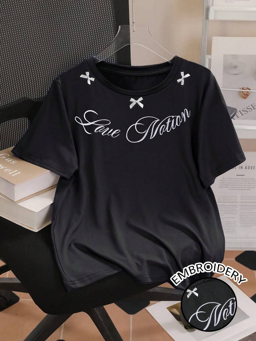 INAWLY Women's Letter Print Short Sleeve Casual Round Neck T-Shirt - Black - View 1